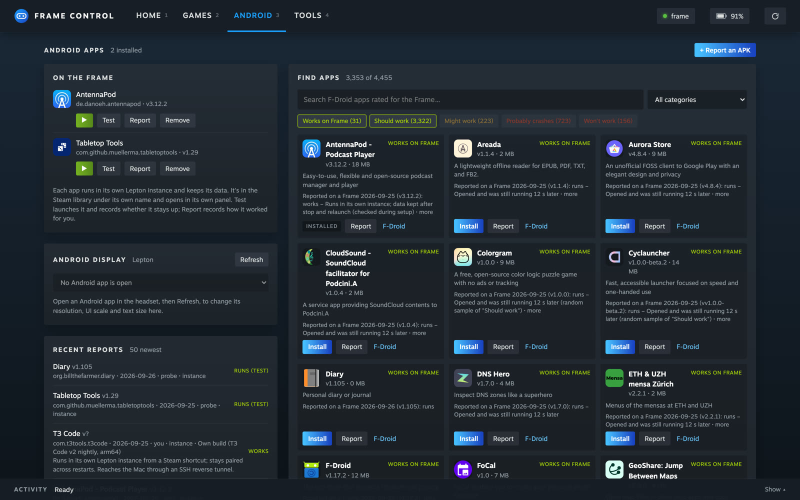 The Android tab: installed apps and the rated F-Droid catalogue.