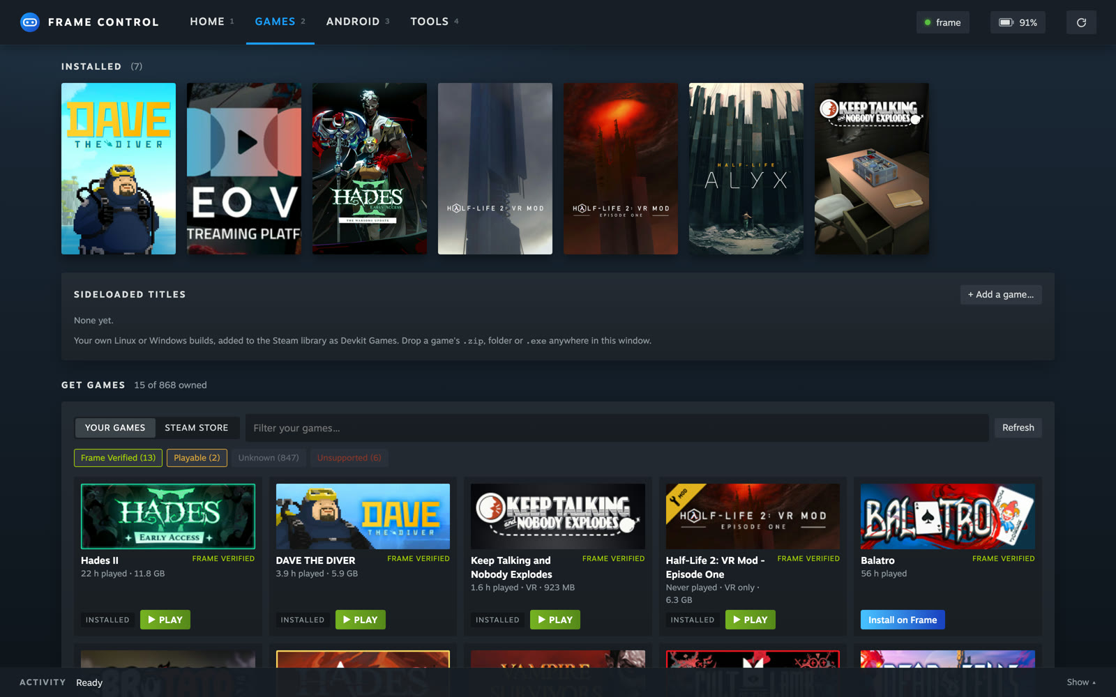 The Games tab: owned games with Steam Frame ratings and install buttons.