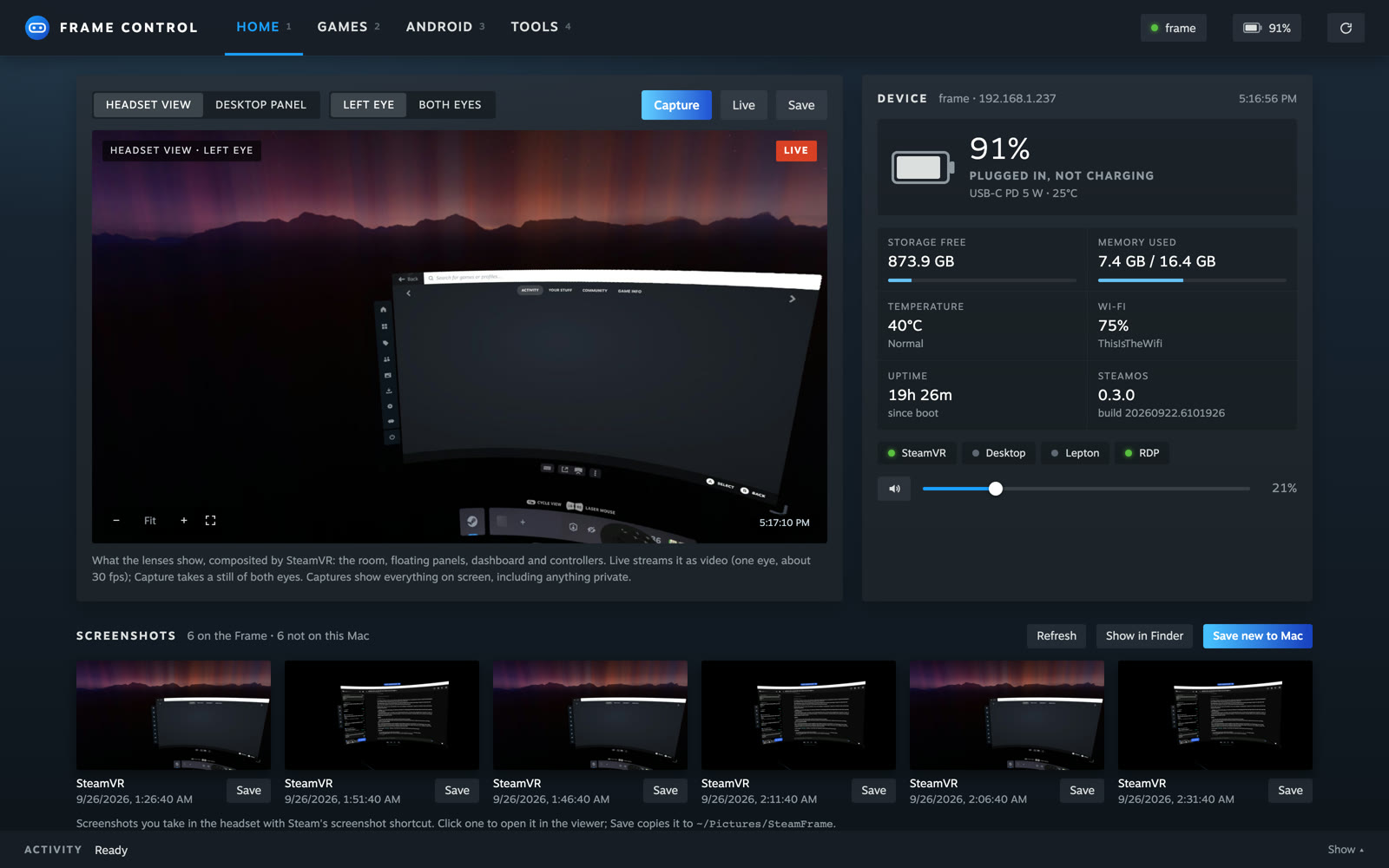Frame Control's Home tab: a live view of the headset beside battery, storage, temperature and Wi-Fi.