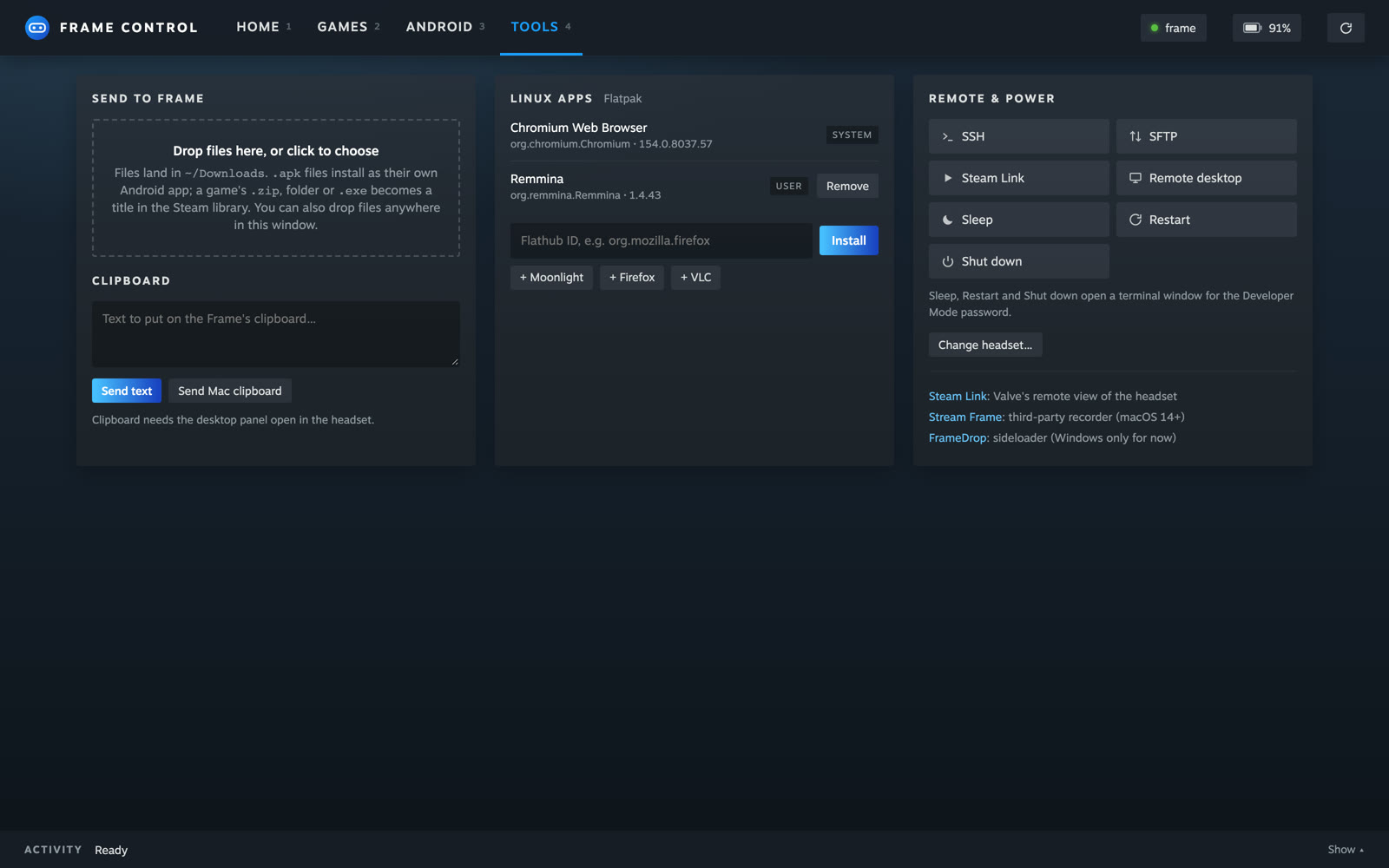 The Tools tab: SSH, SFTP, Steam Link, remote desktop and power controls.